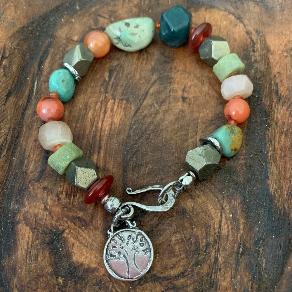 Genuine Turquoise, Pyrite, Agate, Peridot, Quartz and Family Tree Charm
